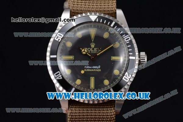 Rolex Submariner Vintage Asia 2813 Automatic Steel Case with Black Dial Green Army Nylon Strap and Dot Markers - Click Image to Close